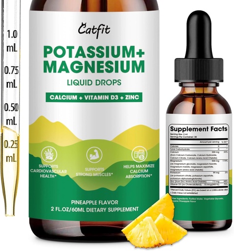 [BRSRAYD4OIBWMGTV] Potasio Magnesio Glycinate Suplemento-Alta Absorción Magnesio Complejo Líquido gota con Calcio, Potasio, Vitamina D3 &amp; Zinc para el sueño, Calambres, Musculos &amp; Energía, Sugar Libre Vegan 2 Fl Oz