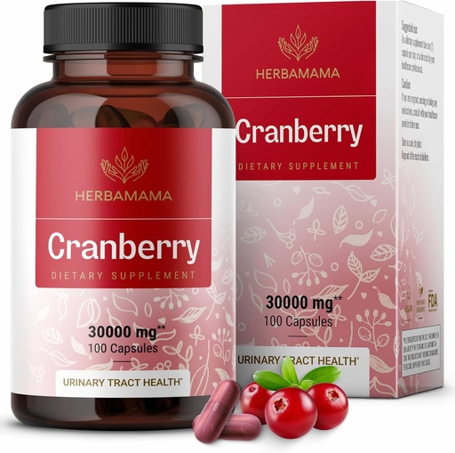 [BRSWGCD5OZ5RQAA6] HERBAMAMA Cranberry Extract Capsules - 30,000mg Cranberry Powder for Urinary Tract Support - Vegan, Non-GMO Bladder Support Supplement, 100 Caps