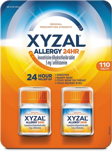 [BRSWGEL4CQARY3TB] Xyzal Allergy Pills, 24-timmars Allergy Relief, Original Prescription Strength,55 Count (Pack of 2)