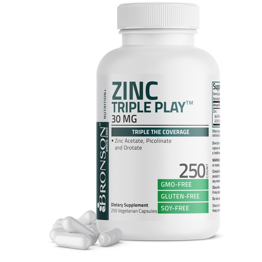 [BRSRMYDQPIPB4HLF] Bronson Zinc Triple Play 30mg Triple Coverage Immune Support with Zinc Acetate, Picolinate & Orotate - Immune, Antioxidant & Skin Health Support - 250 Vegetarian Capsules
