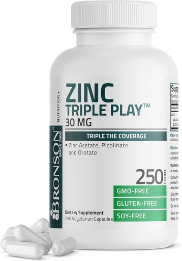 [BRSRMYDQPIPB4HLF] Bronson Zinc Triple Play 30mg Triple Coverage Supporto immunitario con Acetato di zinco, Picolinate & Orotate - Immune, Antiossidante & Skin Health Support - 250 capsule vegetariane