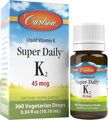[BRSWGZQZDICQMALD] Carlson - Super Daily K2, 45 mcg Liquid Vitamin K, Bone Health, K2 Vitamin, Vitamin K supplement, Vitamin K-2 MK7, Unflavored, 360 drops (10.16 mL)