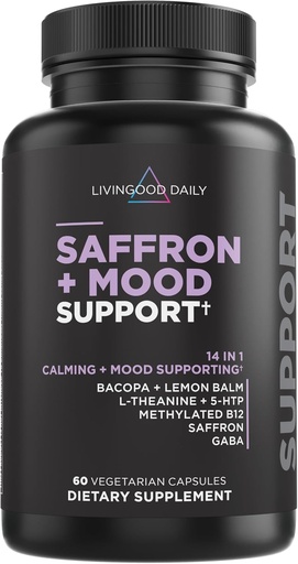 [BRSRMEL3OAOWA2AV] Livingood Daily Mood Support Supplement for Women &amp; Men, 14-in-1 Fórmula con L Theanine, Lemon Balm, GABA, Saffron, 5-HTP &amp; B12, soporta Focus &amp; Emotional Wellness, Gluten Free, Vegan, 60 cápsulas