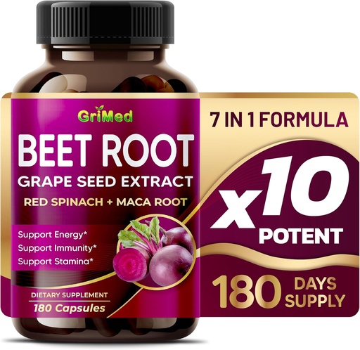 [BRSRO2QRCB7AKYDD] GriMed Beet Root with Grape Seed Extract, Maca Root, Red Spinach " Ashwagandha – 180 Vegetable Capsules