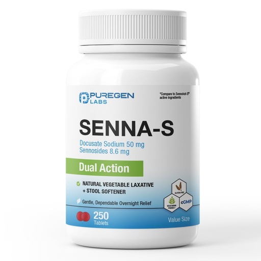 [BRSRA235CAIRYC3X] Puregen Labs Senna-S Natural Vegetable Laxative Plus Stool Softener Dual Action - 250 Tablets Senna Plus | Gentle Dependable Overnight Relief of Occasional Constipation