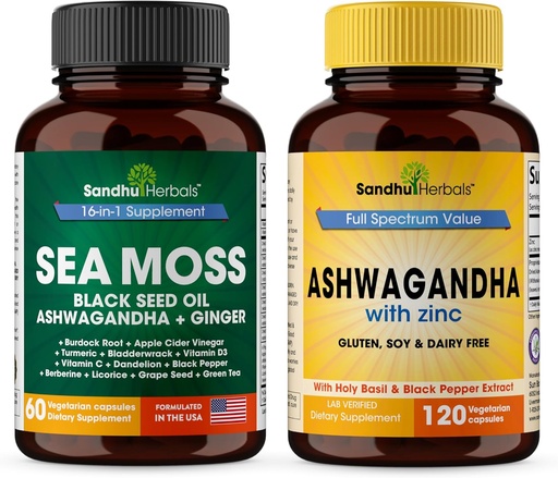 [BRSROCDYOEPBUALO] SandHUHERBALS Sandhu Herbals Sea Moss 16 1 Supplement & 4 in 1 Ashwagandha Supplement 124; Támogatja az Immune Health & General Wellness