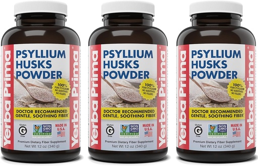 [BRSWIYYMOMIWMETY] Yerba Prima Psyllium Husks Powder - 12 oz (Pack of 3) - Natural Fiber Supplement - Colon Cleansing - Vegan, Non-GMO, Gluten-Free (New Label - Packaging May Vary)