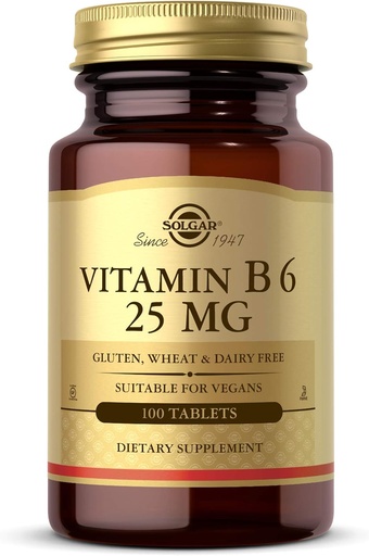 [BRSWIYQTPMPRGHA3] Solgar Vitamin B6 25 mg, 100 tablet - podpira energijsko presnovo, zdravje srca in zdravo živčevje - B Kompleksni dodatek - Vegan, Gluten brez mleka, Košir - 100 postrežbe