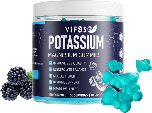[BRSRA2QTCQHAMHTH] Potasio Magnesio Gummies, Potasio 120 Gummies Azúcar Libre para Hombres y Mujeres, Apoyo Legislativo &amp; Muscle & Heart Health, Magnesium Glycinate Gummies Best for Bedtime, Vegan, Non-GMO, Berry Flavor