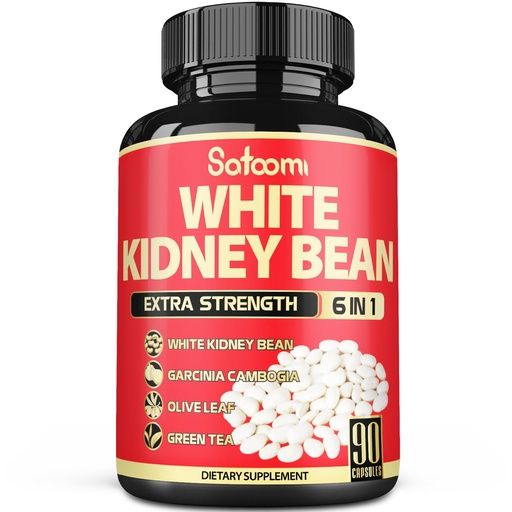 [BRSRAZAFAQHQACLK] Satoomi 6 in 1 White Kidney Bean Extract Capsules -90 Capsules -3 Month Supply - Extra Blend with Olive Leaf, Green Coffee Bean & Green Tea - Support Carb Scale Down