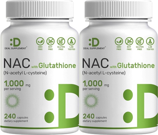 [BRSWYH33O56BQA3L] 2 Pack NAC Supplement (N-Acetyl Cysteine) 1000 mg Servering med minskad glutation, 480 kapslar