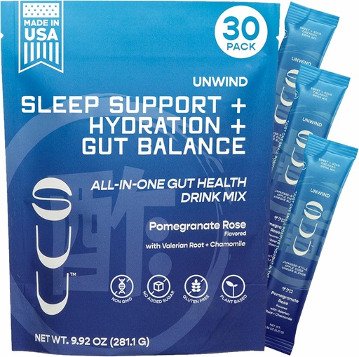 [BRSRAFACOQNAAGTJ] Unwind Gut Health Drink Mix|Apple Cider Vinegar Prebiotic,Probiotics Digestive Health for Women & Men|Melatonin-Free,Valerian Root,Chamomile|Relaxation Sleep & Hydration|Promegranate Rose,30 Servings