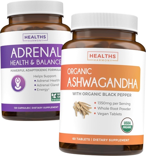 [BRSRAZD3CF6BAF3F] Adrenal & Ashwagandha (1-Month Supply) Calm & Energize Bundle - Adrenal Support with L-Tyrosine (120 Capsules) & USDA Organic Ashwagandha 1350mg Ashwagandha Root Powder per Serve (60 Capsules)