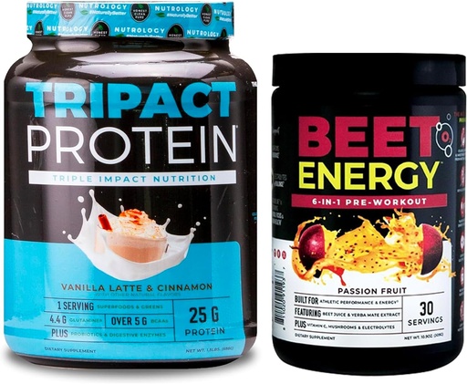 [BRSRAZD5OAHRYDTG] Nutrology Beet Natural O2, Pre Workout Powder, Passion Fruit Flavor (30 Servings) TRIPACT Protein Powder, 7-in-1 Meal Replacement Shake, Vanilla Latte Cinnamon Flavor (20 Servings)