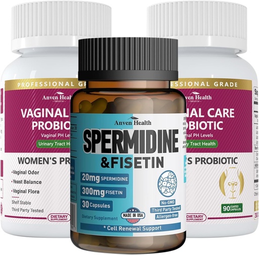 [BRSRABTRAF4GO3I3] Women 's Health Bundle: 2 Butelki probiotyków waginalnych + 1 Butelka spermidyny & Fisetin - Vaginal, Gut & Immune Health + Odnowa komórkowa i wsparcie starzenia się