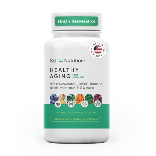 [BRSROGIFCIDRMHLD] SELF NUTRITION NAD+ Resveratrol Supplement for Women – Healthy Aging Formula with CoQ10, Biotin, Turmeric & Vitamins A, C, E – Supports Energy, Skin & Longevity – 60 Capsules. Made in USA.