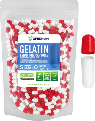 [BRSWYYYRAV6QOCI3] XPRS Nutra Розмір 0 Empty Capsules - 500 Count Empty Gelatin Capsules - Таблетки DIY Capsule Filling - Pure Bovine Pill Gel Caps для Do-It-Yourself Supplements (Червоний/білий)