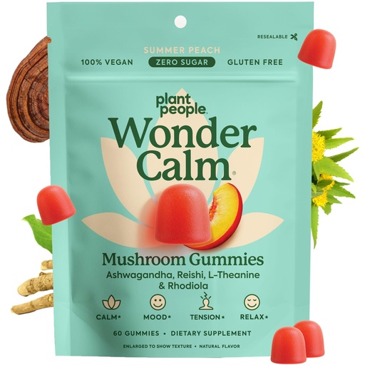 [BRSRMBD6AQBA2HYU] Plant People WonderCalm Mushroom & Ashwagandha Gummies - Natural Calm Gummies to Ease Stress & Boost Mood for Adults Without Sugar, Gluten or Artificial Colors, Vegan-Friendly, Peach Flavor, 60 Count