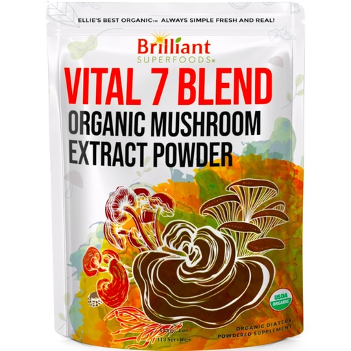 [BRSROEIZB54AO3DB] Ellie's Best 7 Mushroom Powder Extract Blend Supplement Organic 114 Servings High Potency Double Extracted Cordyceps, Reishi, Turkey Tail, Chaga, Lion's Mane - 4oz
