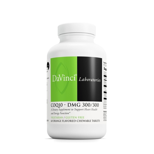 [BRSWIYIAAQGWMGQ3] DAVINCI Labs CoQ10 - DMG 300/300 - Supports Heart Health and Energy Function - Dietary Supplement with Coenzyme Q10 & Vitamin E - Vegetarian - Gluten-Free - 60 Orange Flavored Chewable Tablets