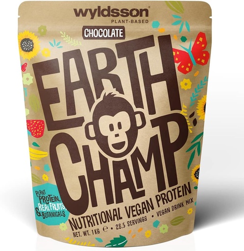 [BRSWG2Y5CN4AI2T3] Vegan Protein Powders (1kg) - 28 Servings - EarthChamp by Wyldsson - Plant Based Chocolate Protein Powder Shake - Dairy Free - Lactose Free (Choc)