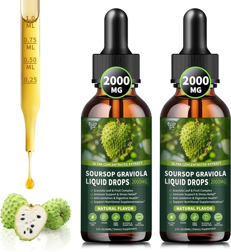 [BRSRAED4OANGCDYU] (2 Pack) Soursop Graviola Liquid Drops 2000mg, 98% 为细胞支持和再生吸收, Imune Boost, Liver, Herbal Goodness, Soursop Bitters Liquid-Sugar/Gluten Free, Natural Flavor, 4 Fl Oz