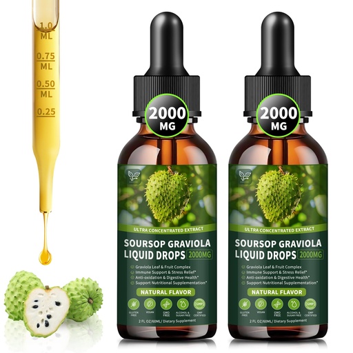[BRSRAED4OANGCDYU] (2 Pack) Soursop Graviola Liquid Drops 2000mg, 98% Absorption for Cell Support & Regeneration, Immune Boost, Liver, Herbal Goodness, Soursop Bitters Liquid-Sugar/Gluten Free, Natural Flavor, 4 Fl Oz