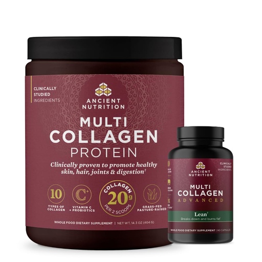 [BRSRAGQ6OYHRUC3P] Ancient Nutrition Multi Collagen Advanced Lean Capsules, 90 Count + Multi Collagen Protein Powder, Unflavored, 40 Servings
