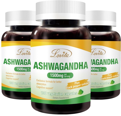 [BRSRMFAOCMPWOADJ] Lovita KSM-66 Ashwagandha | Highly Concentrated | 5% Withanolide | 95% Black Pepper Piperine | Stress Relief & Energy Support | Vegan, Gluten Free | 130 Capsules (Pack of 3)