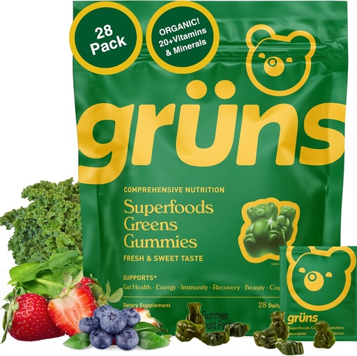 [BRSROHAYA4IBEEI3] Gruns Adults Super Greens Gummies Multivitamínicos, Superfood Vitamina Gummy Bears con Spirulina, Clorella, Fibra Prebiótica para Salud Digestiva, Suplemento Adaptógenos, 20 Vitaminas & Minerales, 28 Condes