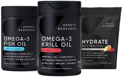 [BRSRAAQQCIIAG33L] Sports Research Antarctic Krill Oil Omega 3 Mini-Softgels 500mg with Phospholipids, Choline, Astaxanthin, Triple Strength Omega 3 Burpless Fish Oil 1250mg, Sugar Free Multi Flavor Hydrate Electrolytes