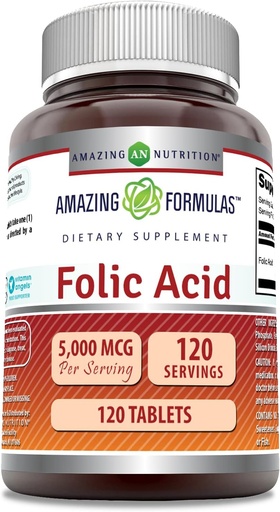 [BRSRMFL7OQIGKYD6] Amazing Formula Folic Acid (Vitamin B9) Suplemento | 5000 Mcg por servizo | 120 Tablets | Non-GMO | Gluten-Free | Made in USA