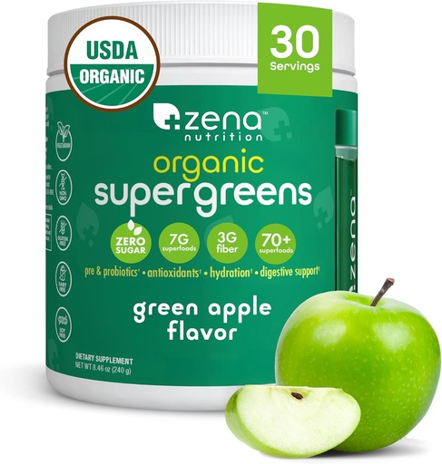 [BRSRAAIKAF4BEHLH] Zena Nutrition Organic Super Greens Powder, 70+ Superfoods, 0 Cukor, 3G Fiber, Spirulina, Chlorella, Antioxidanty, Prebiotiká/Probiotiká, Tráviace enzýmy, Zelené jablko, 30 Servisov