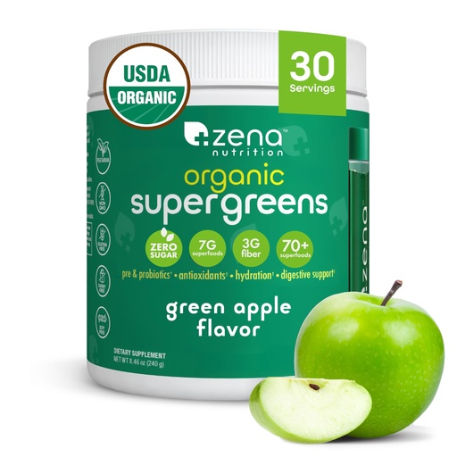 [BRSRAAIKAF4BEHLH] Zena Nutrition Organic Super Greens Powder, 70+ Superfoods, 0 Sugar, 3G Fiber, Spirulina, Chlorella, Mushrooms, Prebiotics/Probiotics, Digestive Enzymes for Gut Health, Green Apple, 30 Servings