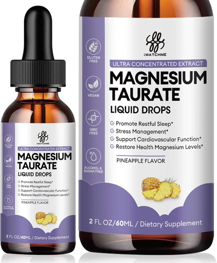 [BRSROCYKABYRUH33] Magnesium Taurate Liquid Drop til muskelfunktion, nerve og hjerte sundhed støtte, høj absorption Magnesium tillæg med B6, CoQ10, Vegan, non-GMO, gluten / sukker fri ananas flavor, 2 Fl Oz