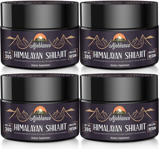 [BRSROZ3ROIBR6FA2] Ajoblanco 600mg Natural Himalayan Organic Shilajit Resin - Himalayan Gold Shilajit Resin with Organic Ayurvedic Blend in High Potency for Energy, Strength & Immunity, Pack of 4
