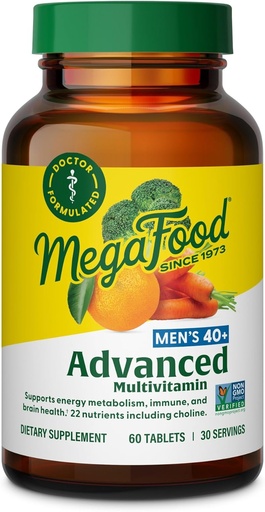 [BRSWKEIYOAGQ2FLM] MegaFood Men's 40+ Advanced Multivitamin for Men - Dr-Formulated - Choline, B bitamina, C bitamina, D bitamina, Zinc & Real Food - Brain Health, Immune Support - Vegetarian - 60 Tabs (30 zerbitzu)