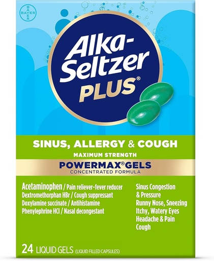 [BRSWGBA5BEGQIE34] Alka-Seltzer Plus poder máximo de força Max Sinus, Alergia e Cough Medicine para Adultos e Crianças 12 anos e mais - Alivia sintomas de alergias, resfriados ou Hay Fever, 24 Conde