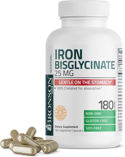 [BRSWYBTYO4FA2C3O] Bronson Iron Bisglycinate 25 mg Gentle on The Stomach, onartzen du Energia eta Odol Gorriaren Cell Ekoizpena - Formula ez izoztua - GMO ez, 180 Vegetarian kapsulak