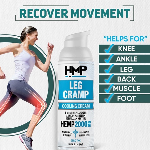 [BRSRMAINB55B4GT3] Leg Cramp Support 2000mg Hemp Cream Maximum Strength Relief for Legs Calf, Knee, Foot w Magnesium Arginine Lavender Menthol Made in USA Natural Formula 2.1oz