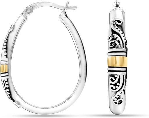 [BRSRACQZAQPRGD3H] LeCalla 925 Sterling Silver Bali-Style Hoop Earrings Lightweight Click-Top Antique Two-Tone Beaded Italian Bali Style Earring Hoops for Women