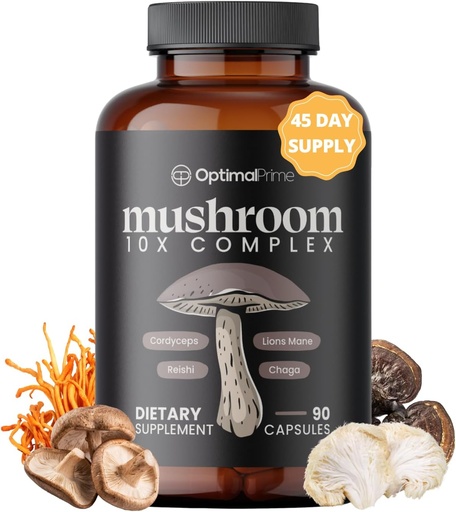 [BRSROBQNDMPW2E3F] Optimal Prime 10x Mushroom Kompleksi - Lions Mane, Cordyceps, Türkiyə İmmunity, Enerji, Mood, Focus - Natural Health Booster, 90 Caps
