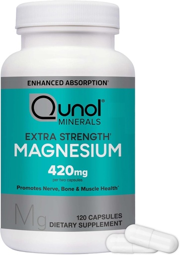 [BRSRMZAFO5YQAFLH] Qunol Magnesium Capsules 420mg, suplemento de magnesio de alta absorción, fuerza extra, bonificación y suplemento de salud muscular, 120 Conde