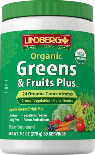 [BRSWICQTA4GRGAY5] Lindberg Organic Fruit and Vegetable Powder , 9.5 oz , Greens Drink Mix | 28 Concentrates Plus - Vegan, Non-GMO, Gluten Free supplement