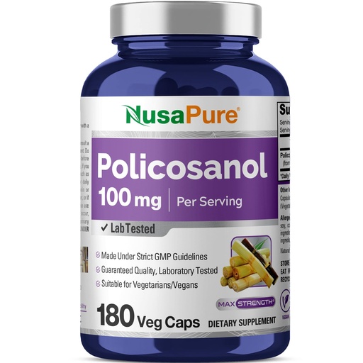 [BRSWG2QRBB7WAET6] NusaPure Policosanol 100mg 180 Veggie Capsules (Vegan, Non-GMO)