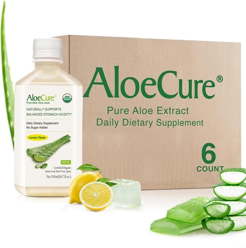 [BRSW2ZLQCICWKA3P] AloeCure USDA Organic Aloe Vera Juice Lemon Flavor - Made within 12 Hours of Harvest - Natural Digestive supplement for Balanced Stomach Acidach Acidity - Support Digestive and Immune Health, 6 Btls x 16.7oz