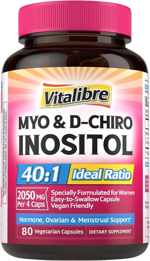 [BRSRAGD7CB4GGDQ4] Suplemento de Inositol, Myo-Inositol " D-Chiro Inositol Fertilidad Suplementos para Mujeres, 40:1 Relación ideal, Equilibrio hormonal y Apoyo Ovárico, 80 cápsulas Vegan
