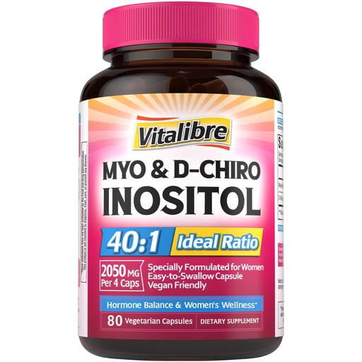 [BRSRAGD7CB4GGDQ4] Vitalibre Inositol Supplement, Myo-Inositol & D-Chiro Inositol Supplements for Women, 40:1 Ideal Ratio, Hormone Balance and Women’s Wellness, 80 Vegan Capsules