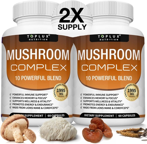 [BRSWYFT6CQJRUHQ6] Toplux Mushroom Supplement Lions Mane & Cordyceps Reishi Chaga 10 Organic Mushroom Blend to Support Immune System, Memory, Focus & Clarity and Increase Energy, for Men Women, 60 Capsules