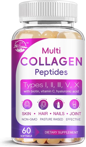 [BRSRAFICAUHRY33P] Multi Collagen Peptides Softgel - Tipo I, II, III, V, X - Péptidos de colágeno hidrolizado con biotina, vitamina C, ácido hialurónico, soporta uñas de pelo de piel, grano, no GMO, 60 Softgel, 1 Pack